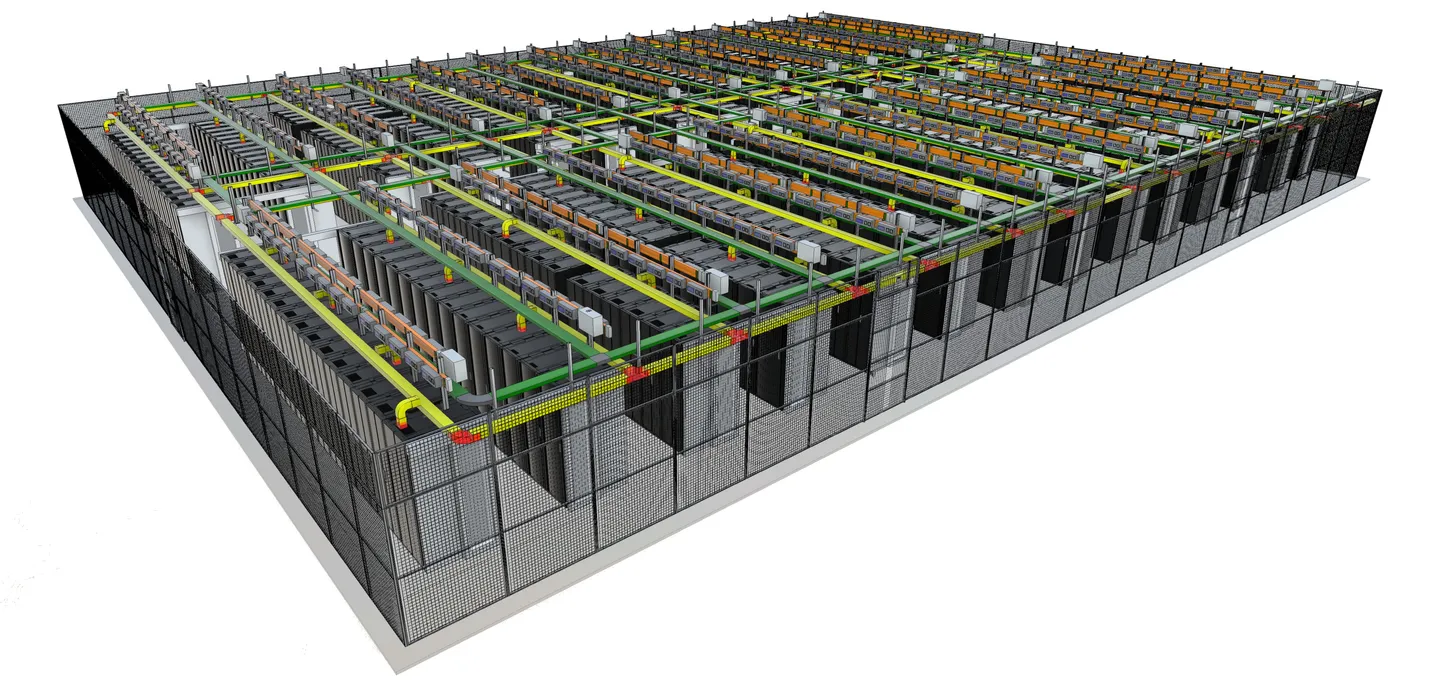 BIM model of a hyperscale datahall, with long rows of server racks under overhead containment and cable trays