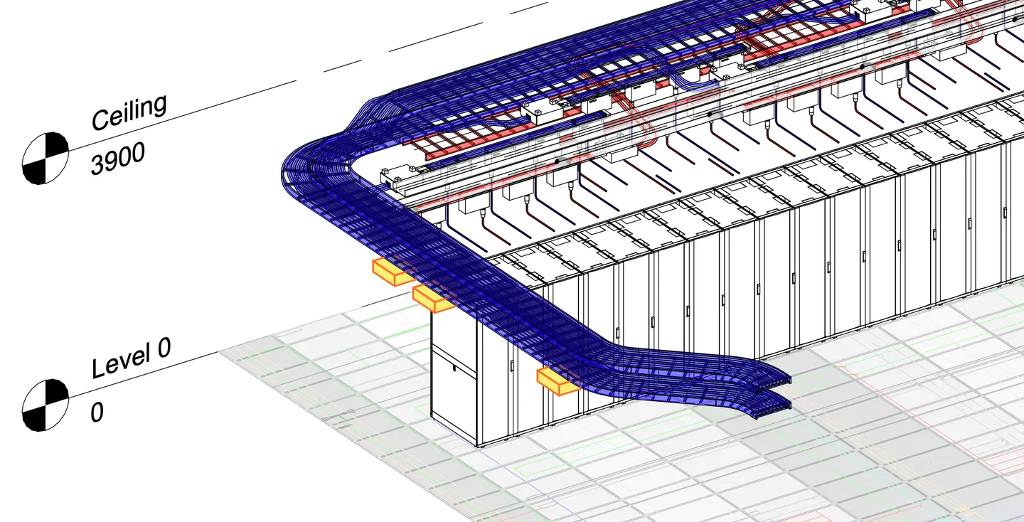 BIM model close-up of overhead cable containment, with individual cables drawn along their routes and bending radius